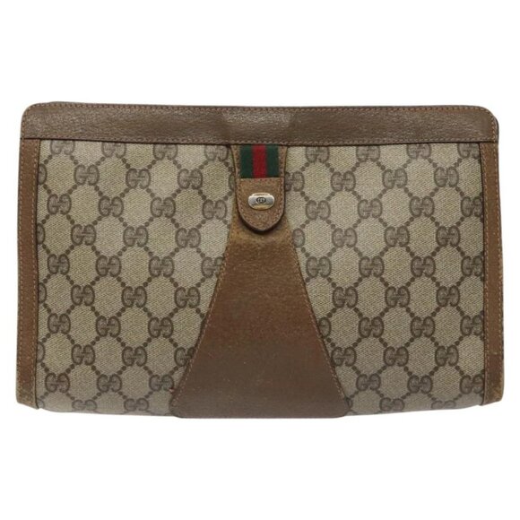 GUCCI GG Supreme Web Sherry Line Clutch Bag PVC Beige Red Green Auth - Picture 1 of 16